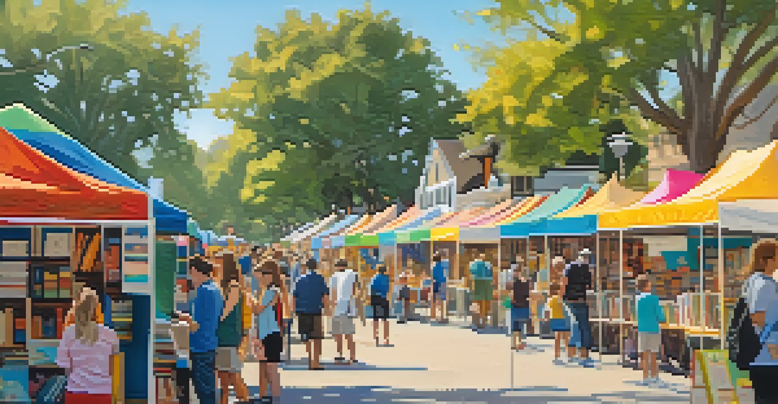 Outdoor book fair in a vibrant neighborhood with colorful tents and people browsing books under the sun.