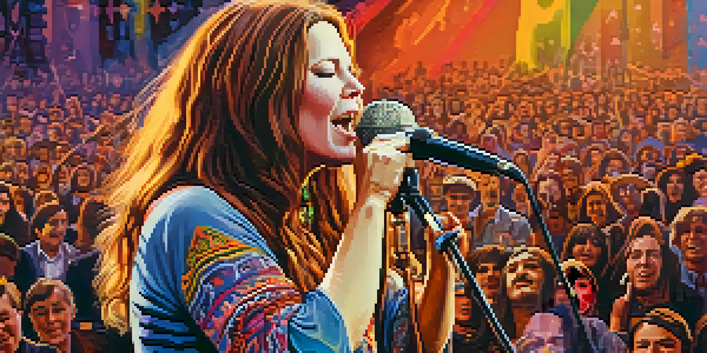Janis Joplin performing on stage in the 1960s, surrounded by a vibrant crowd and colorful psychedelic patterns.