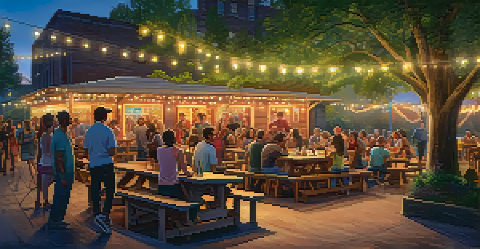 An outdoor taproom with picnic tables, greenery, and patrons enjoying craft beer while a band plays music.