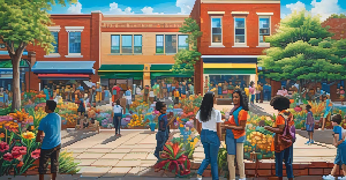 A colorful mural representing a diverse community with people of various ethnicities surrounded by flowers and nature on a brick wall illuminated by sunlight.