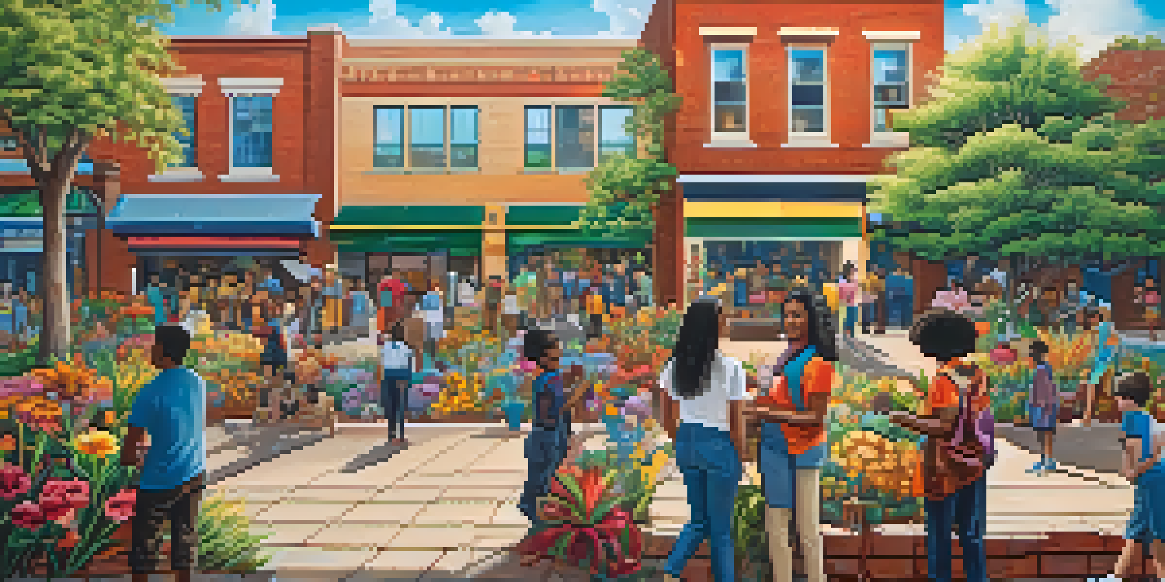 A colorful mural representing a diverse community with people of various ethnicities surrounded by flowers and nature on a brick wall illuminated by sunlight.
