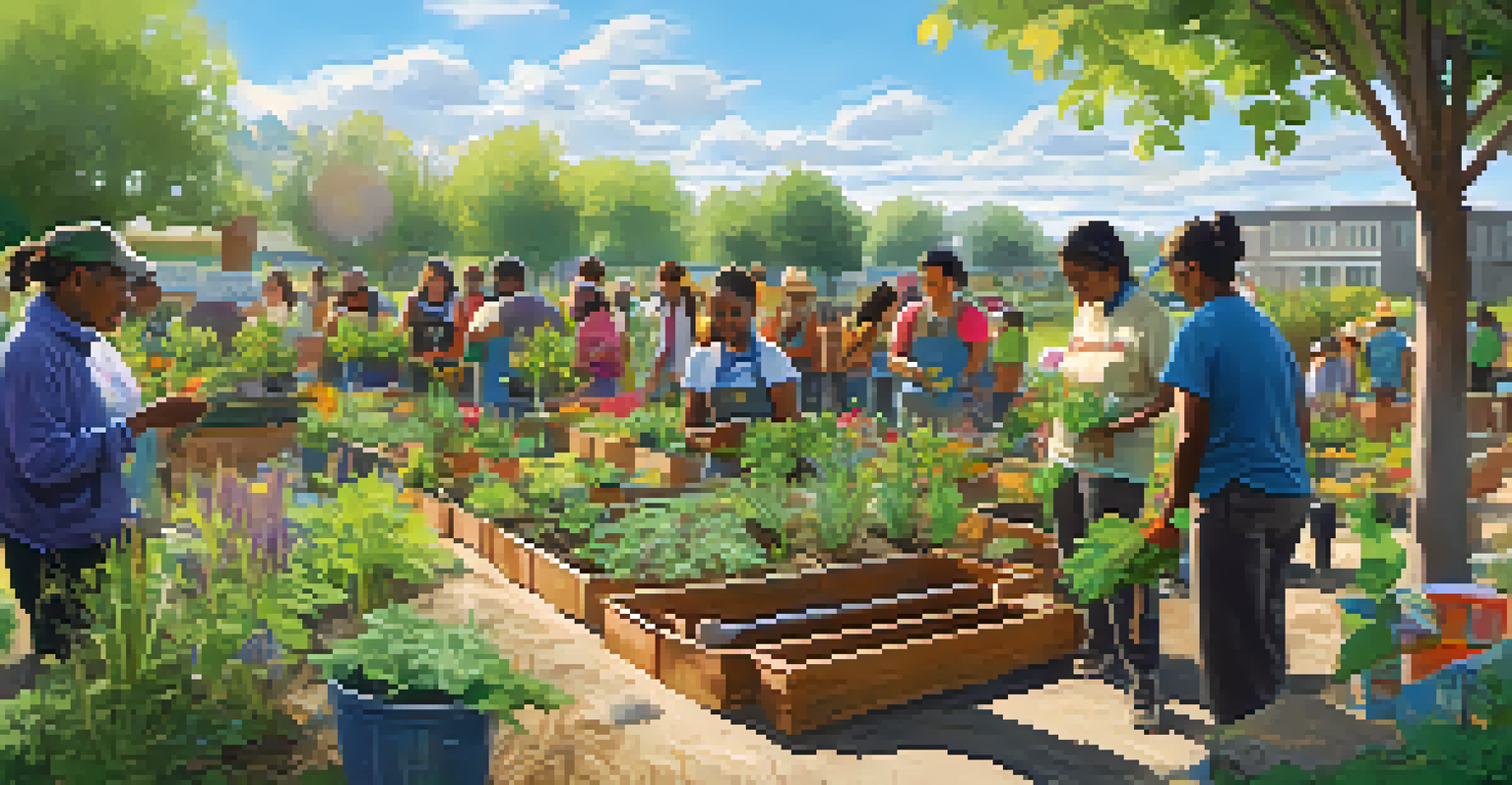 Community members participating in a gardening workshop focused on wildlife conservation, with colorful plants and a bright sun.