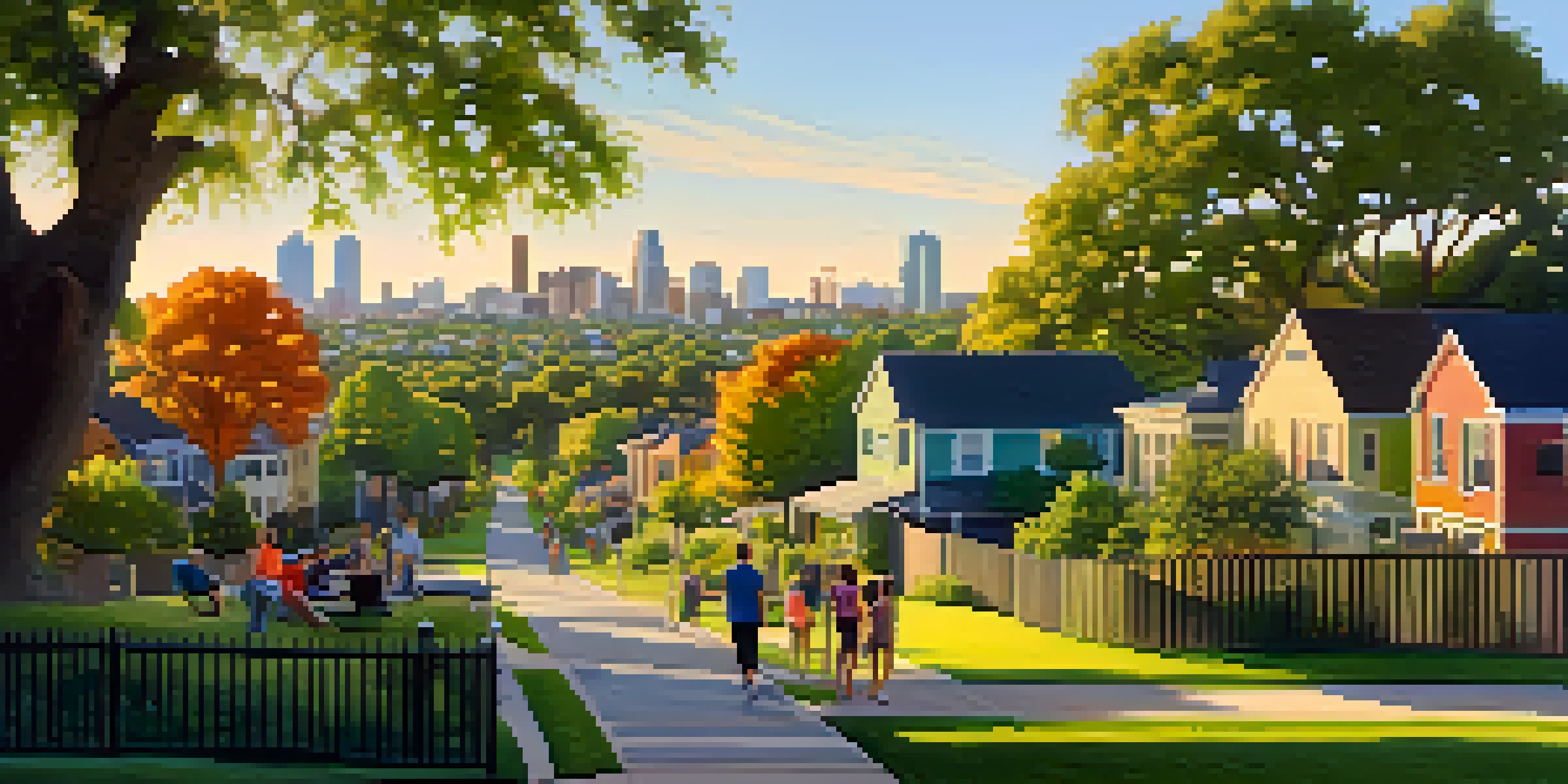 A panoramic view of a vibrant Austin neighborhood with modern homes and green parks during golden hour, featuring people engaging in outdoor activities.