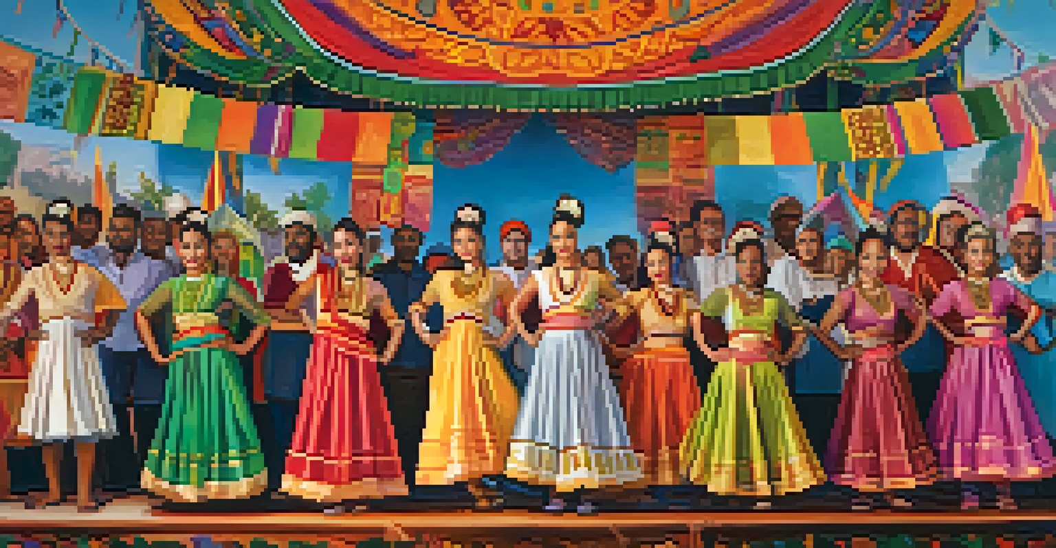 Diverse performers in traditional attire dancing on stage at a multicultural festival with a vibrant audience.