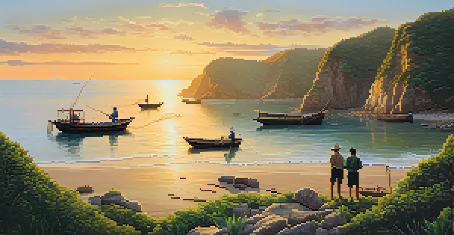 Fishermen collaborating on sustainable fishing practices at sunset.
