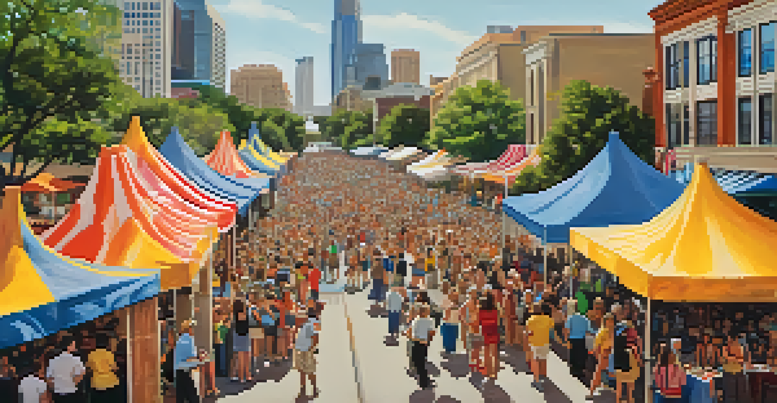 An outdoor theater festival in Austin with colorful tents, local food vendors, and performers engaging with families.