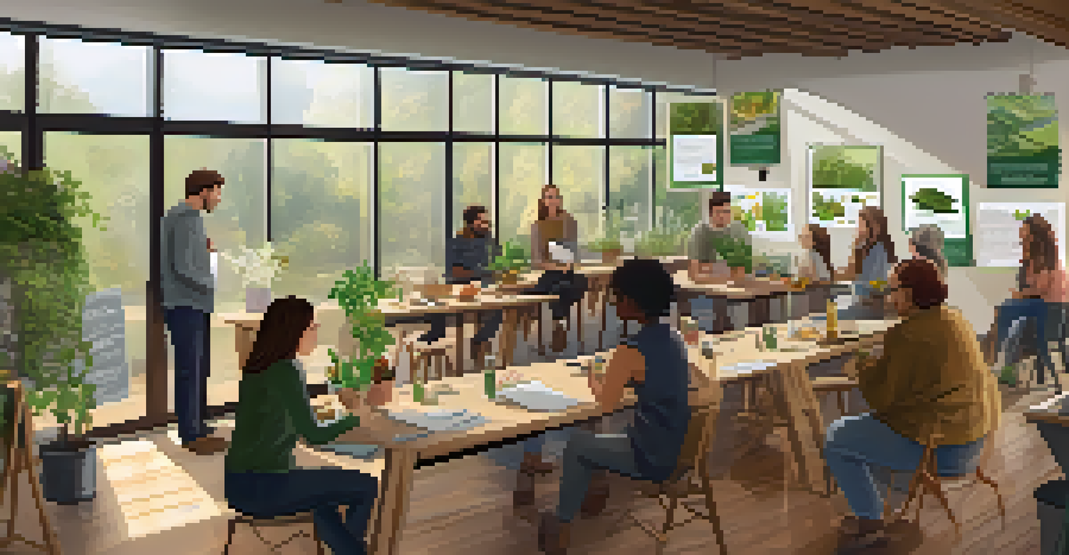 An indoor workshop on sustainable practices with participants learning about composting and recycling in a well-lit space filled with plants.