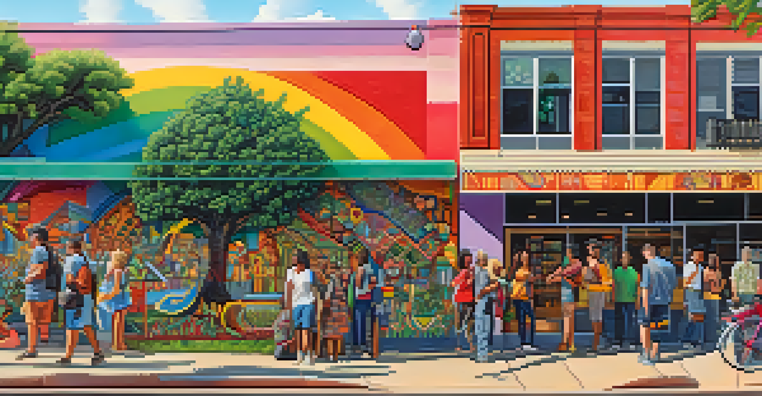 A colorful mural in an urban Austin setting, highlighting themes of inclusivity and sustainability, with people admiring the artwork amidst local businesses.