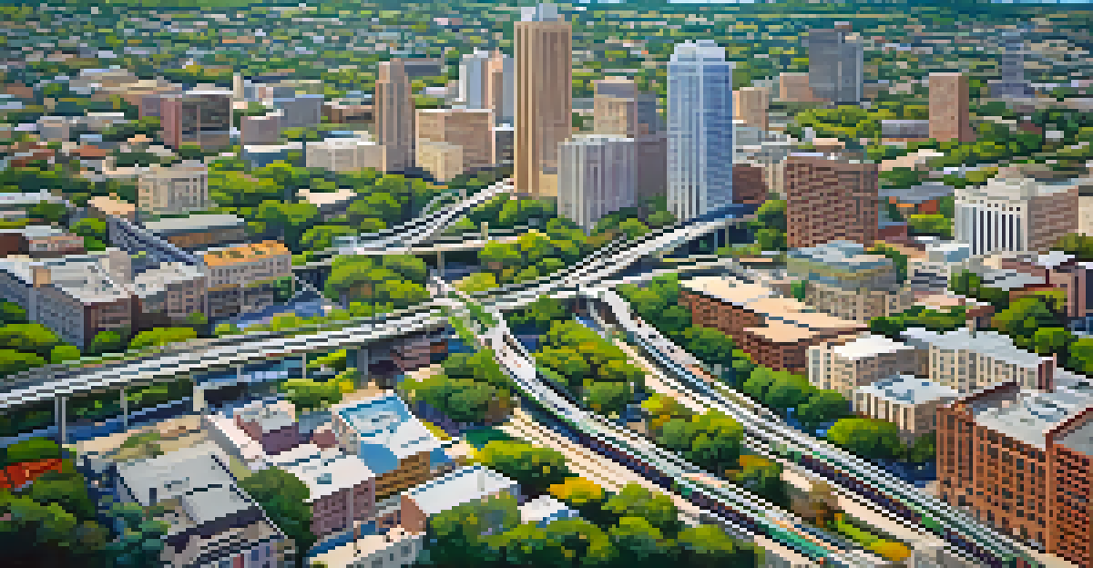 An aerial view of Austin showing the public transportation network with bus routes and MetroRail lines amidst urban areas.