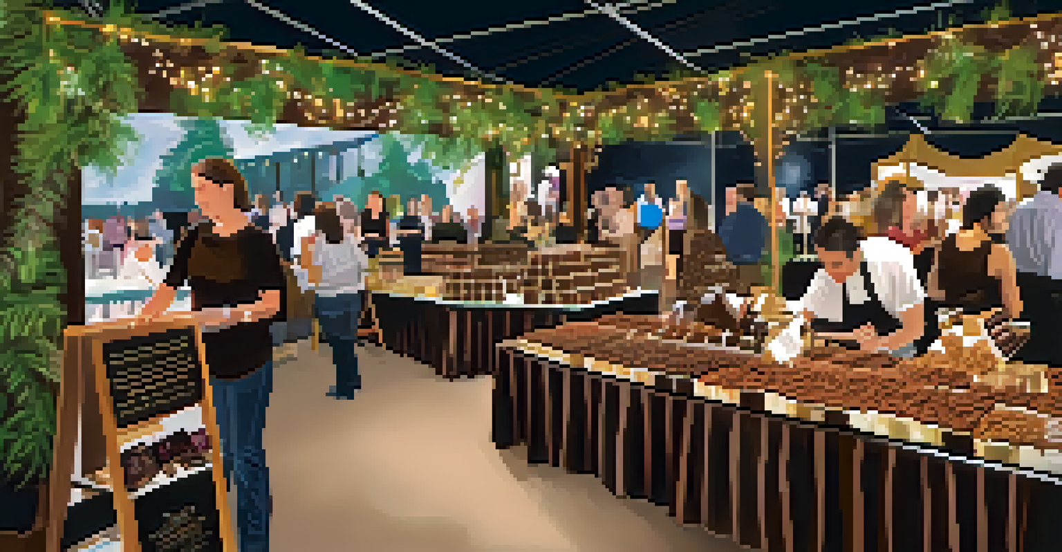 An inviting chocolate festival scene with booths of chocolates and attendees participating in workshops, surrounded by warm lighting.