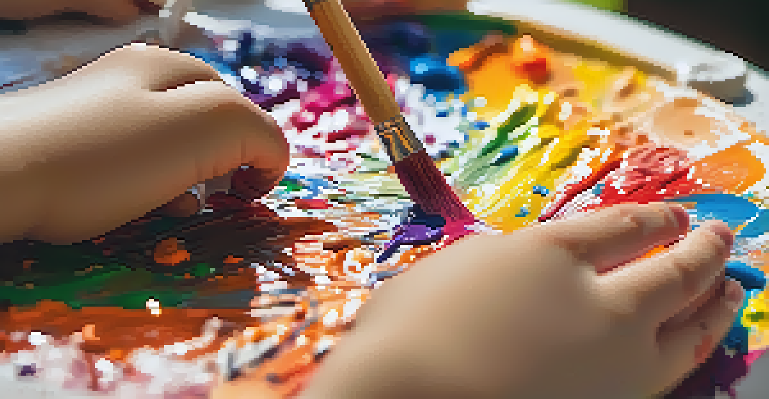 A child's hands painting a colorful canvas, surrounded by art supplies, highlighting the creative process.