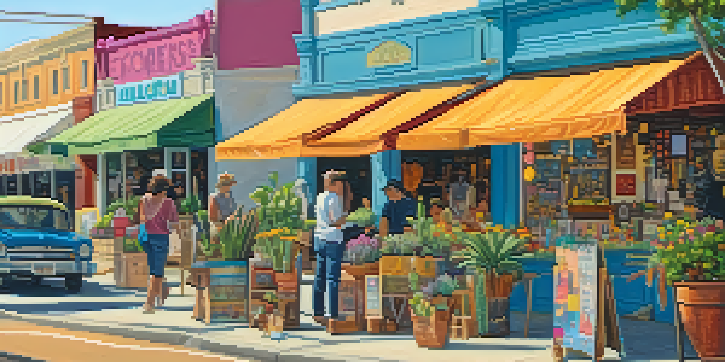 A lively street scene on South Congress Avenue featuring unique shops and shoppers exploring vibrant storefronts.