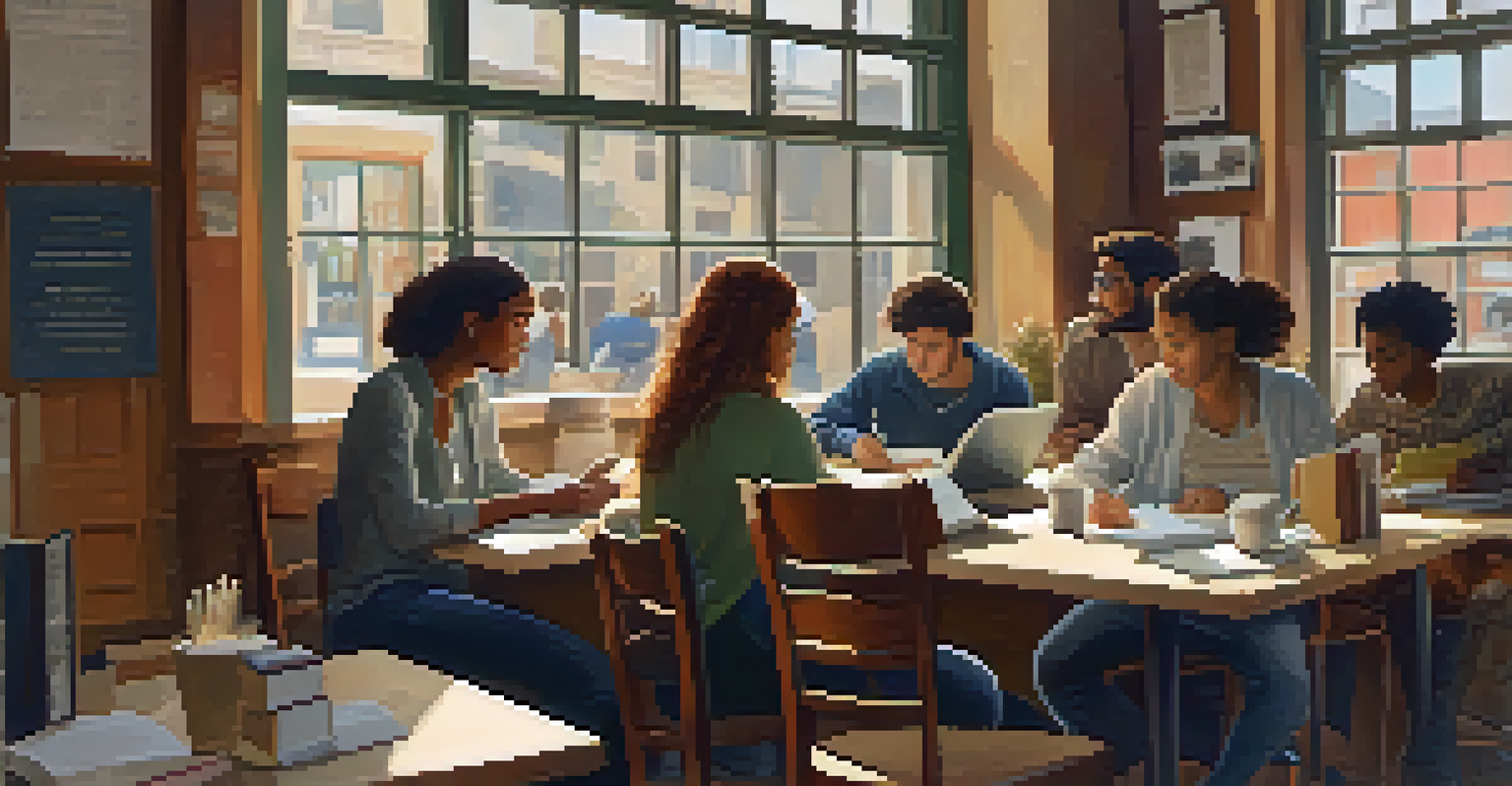 Aspiring writers engaged in a workshop at a cozy cafe, with natural light and creative decor.