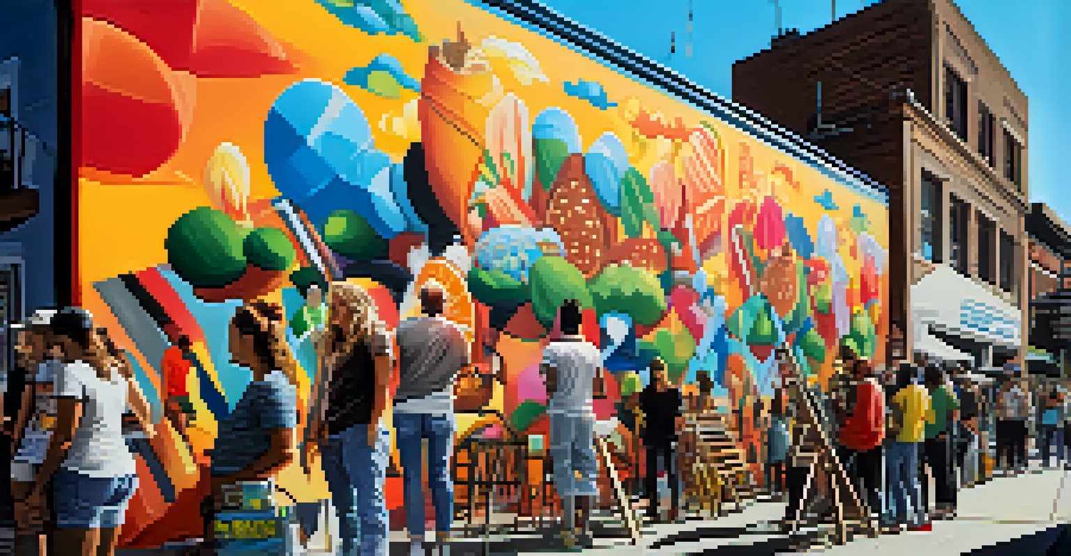 A lively street art festival with artists creating murals, surrounded by crowds and colorful banners under a clear blue sky.