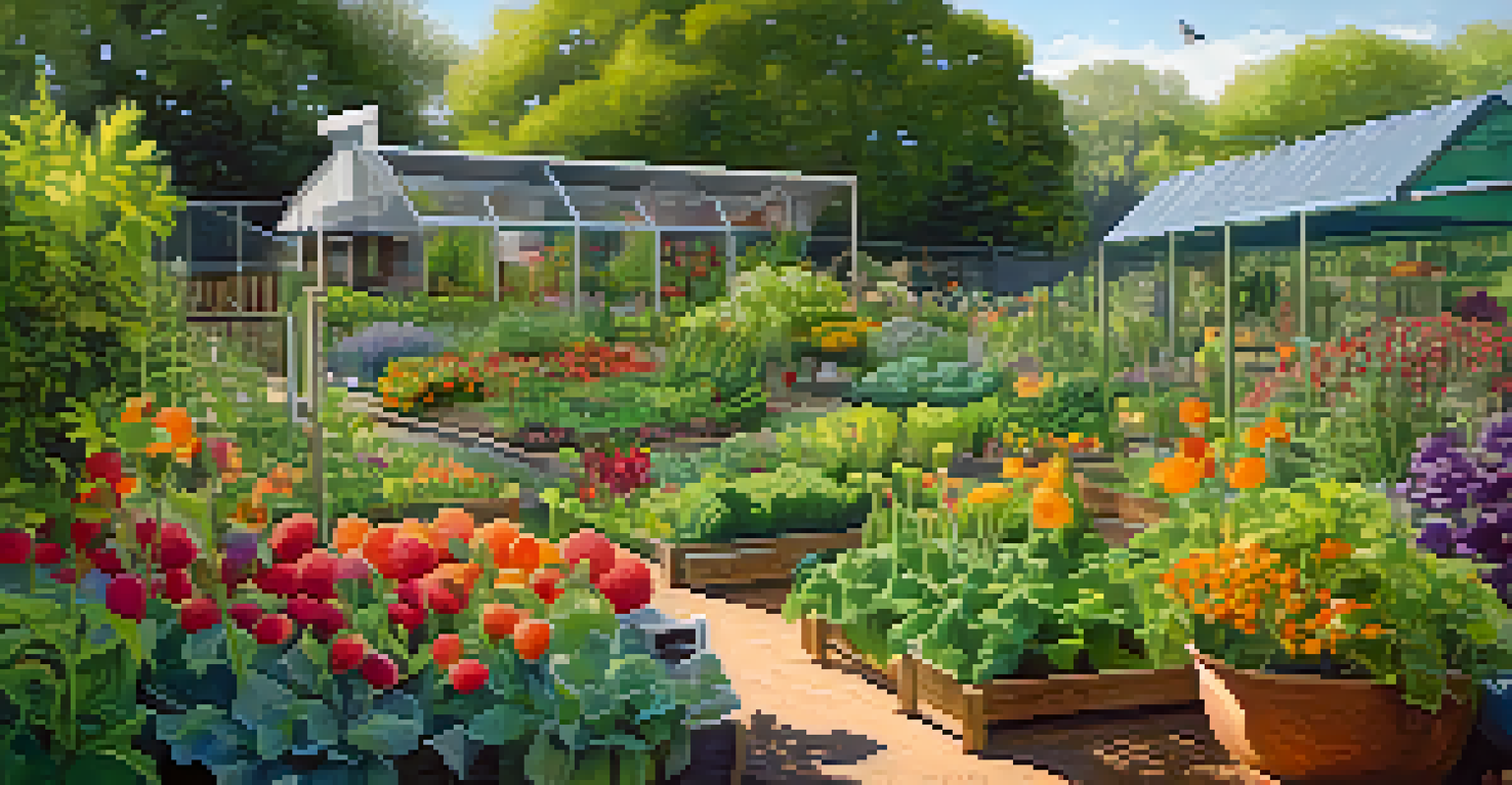 A detailed view of a vibrant community garden filled with colorful vegetables and flowers, with a gardener caring for the plants in warm sunlight.