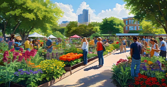 A community garden filled with various plants and flowers, where people are gardening together, surrounded by eco-friendly buildings and trees in the background.
