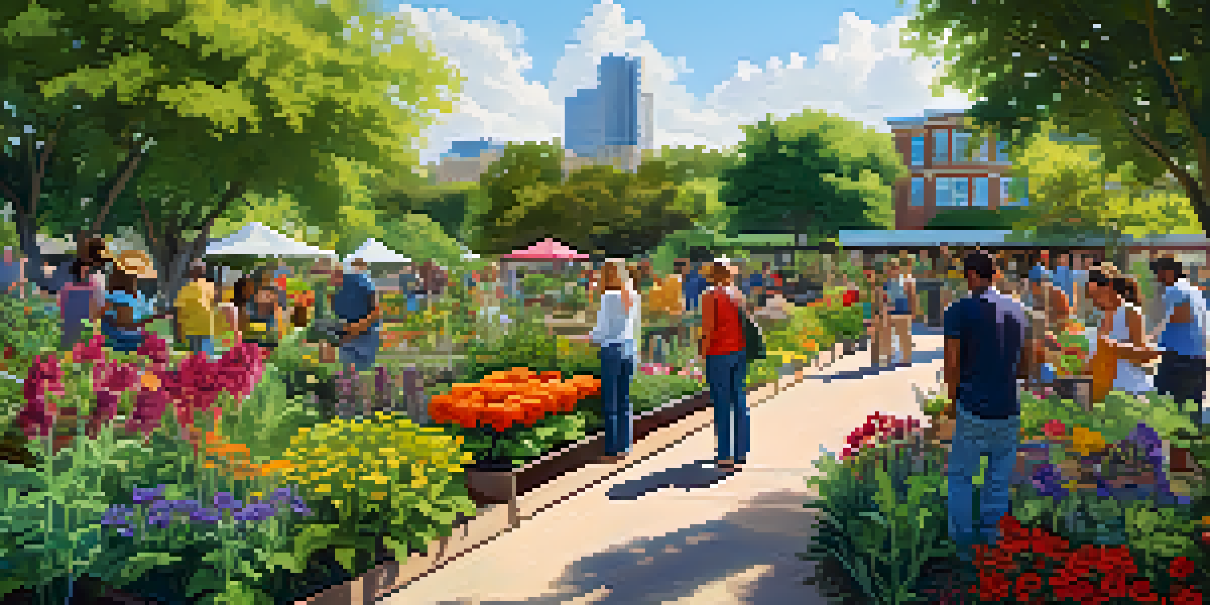 A community garden filled with various plants and flowers, where people are gardening together, surrounded by eco-friendly buildings and trees in the background.
