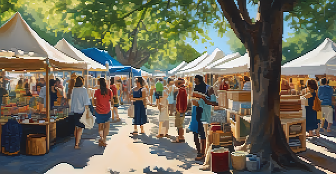 A bustling artisan market in Austin with colorful stalls selling handmade crafts, surrounded by people enjoying the atmosphere under sunny skies.