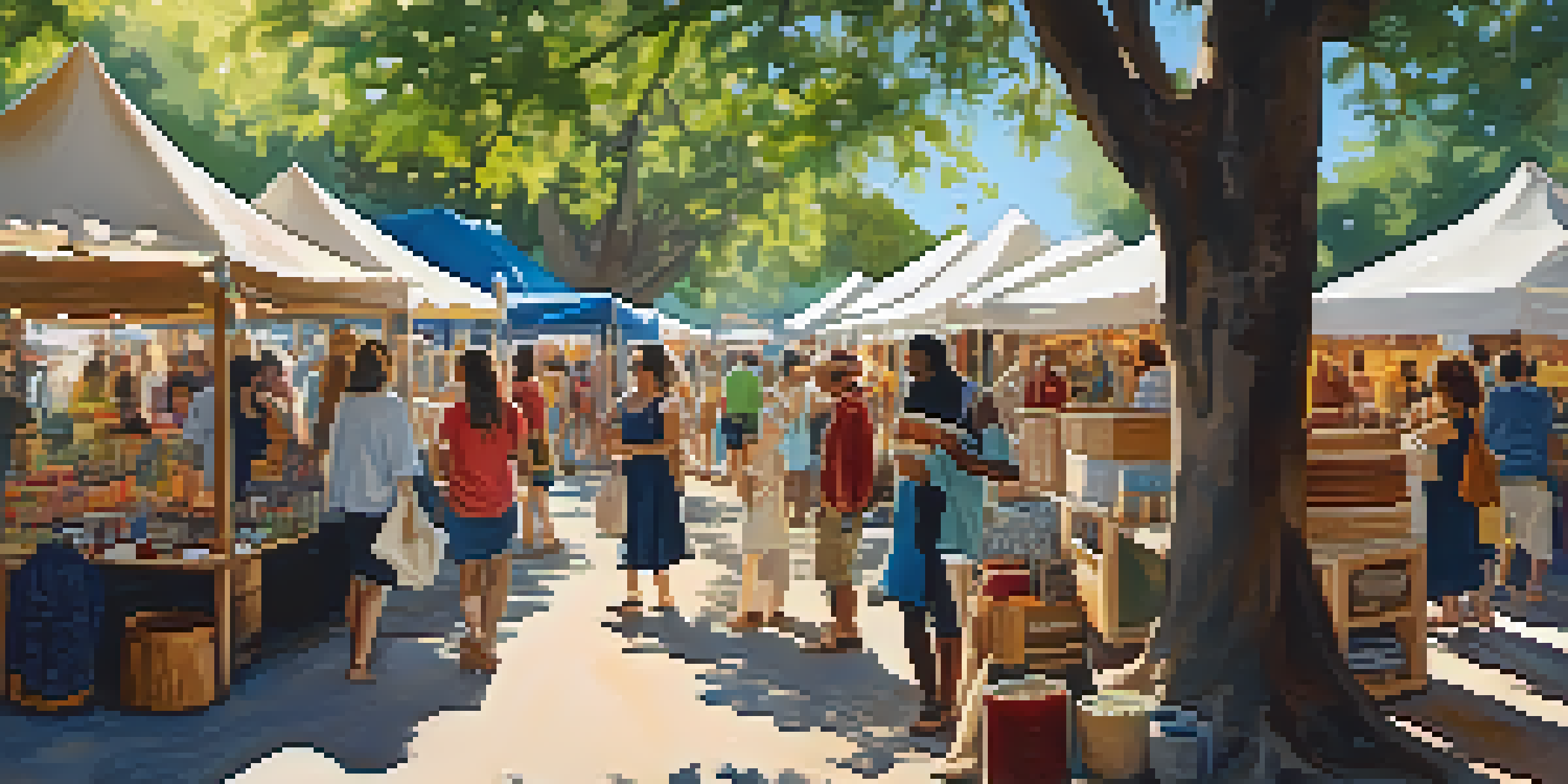 A bustling artisan market in Austin with colorful stalls selling handmade crafts, surrounded by people enjoying the atmosphere under sunny skies.