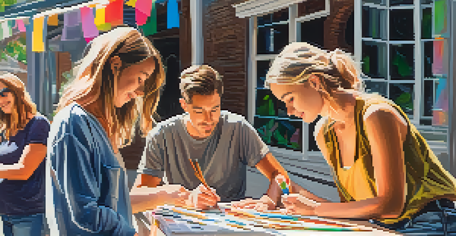 Attendees engaged in a hands-on art workshop outdoors during an art walk, surrounded by art supplies and colorful decorations.