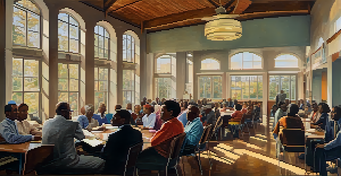 A civil rights meeting in a community center with diverse individuals discussing social justice issues, illuminated by sunlight.