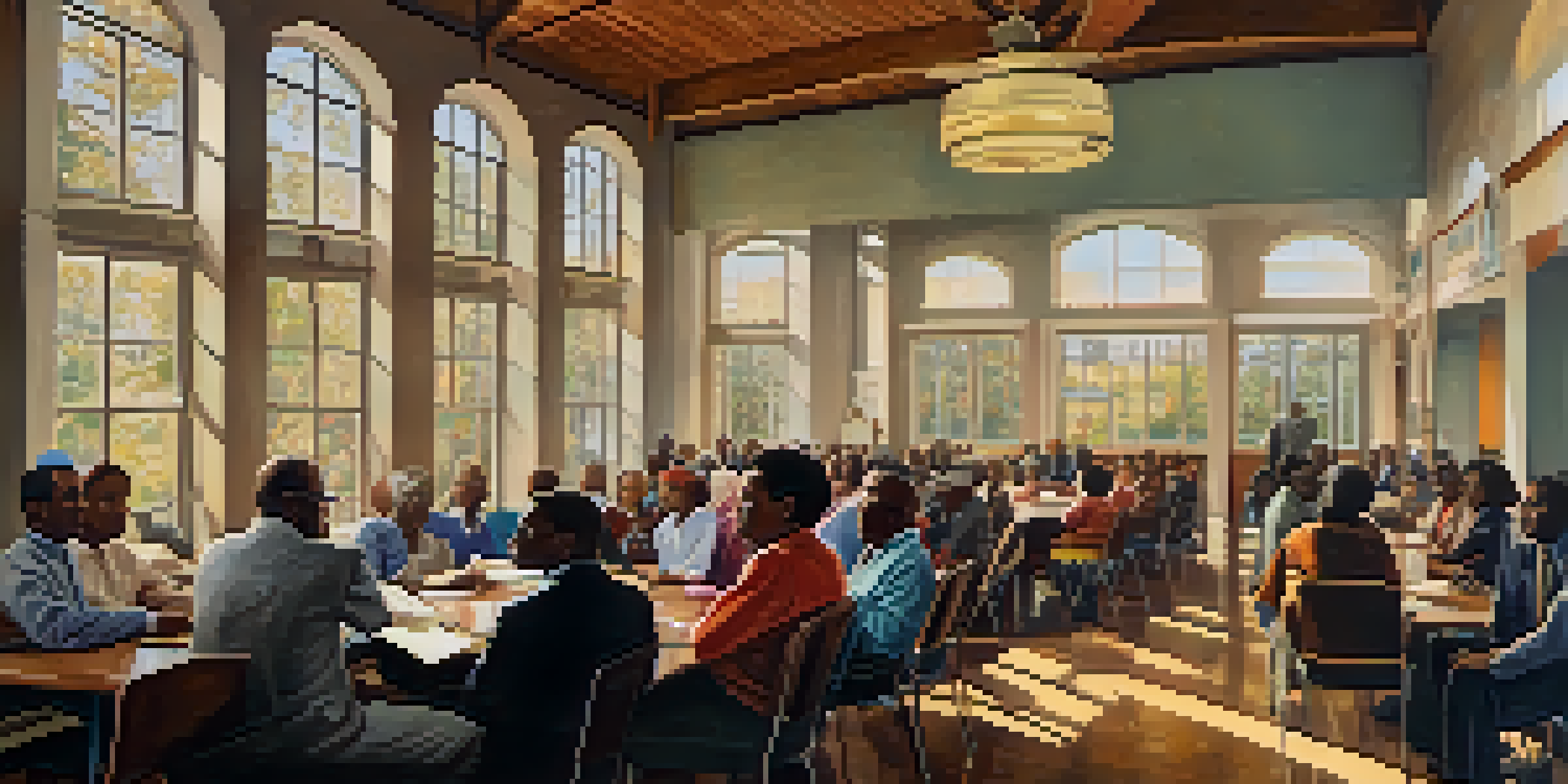 A civil rights meeting in a community center with diverse individuals discussing social justice issues, illuminated by sunlight.