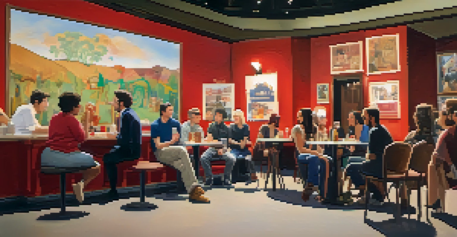 Audience members in a theater lobby discussing a performance, with posters on the walls and refreshments, fostering engagement and community.