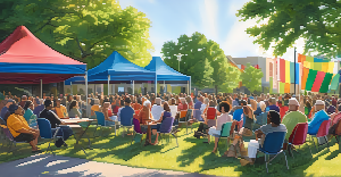 A diverse group of community members engaging in discussion at a town hall meeting outdoors in Austin, surrounded by trees and colorful banners.