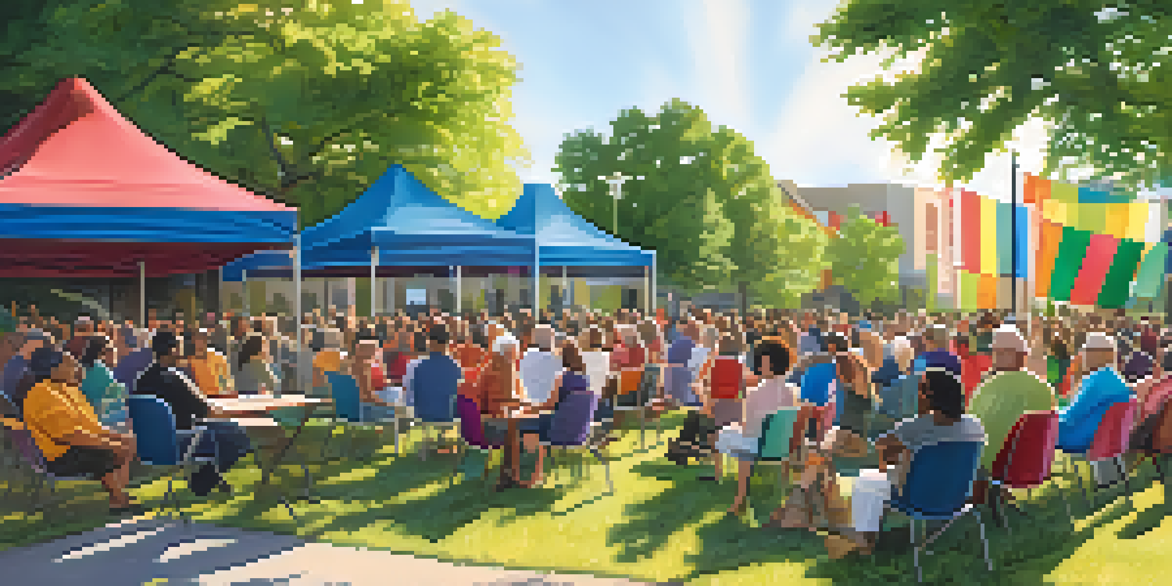 A diverse group of community members engaging in discussion at a town hall meeting outdoors in Austin, surrounded by trees and colorful banners.