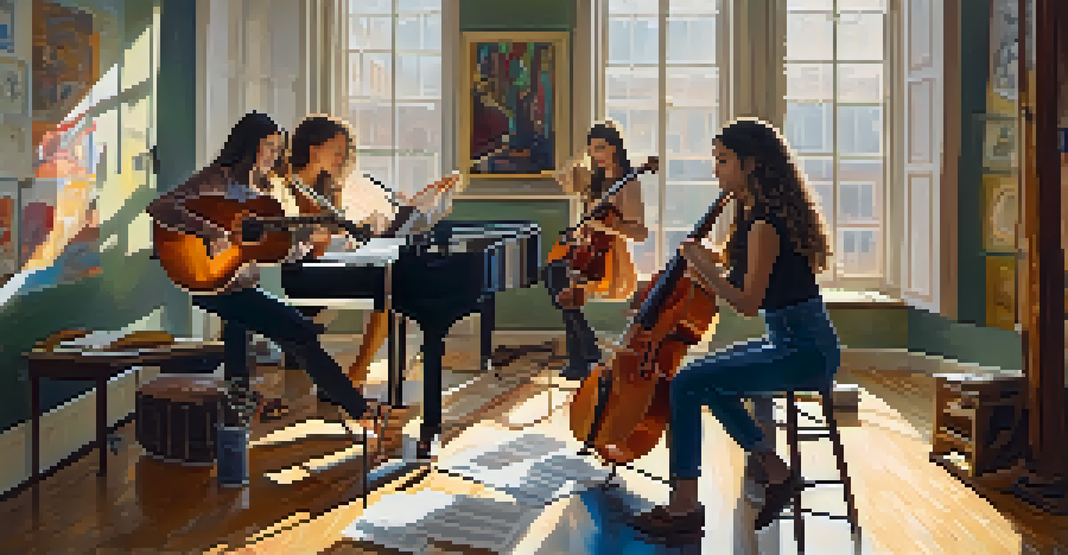 A diverse group of young female musicians rehearsing in a creative space, surrounded by instruments and vibrant artwork, with natural light streaming in.