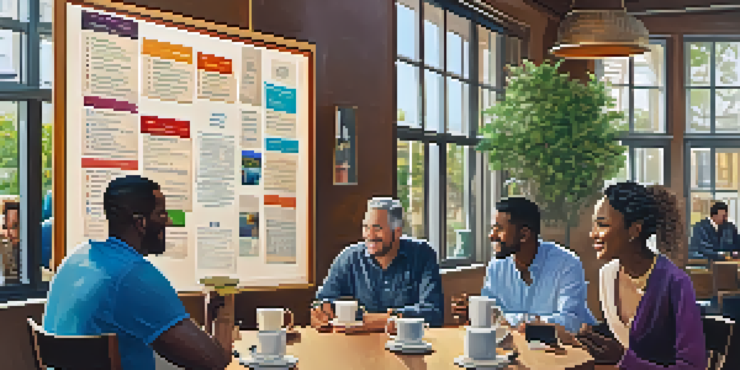 A diverse group of people chatting at a café during a political networking event, surrounded by warm lighting and colorful decor.