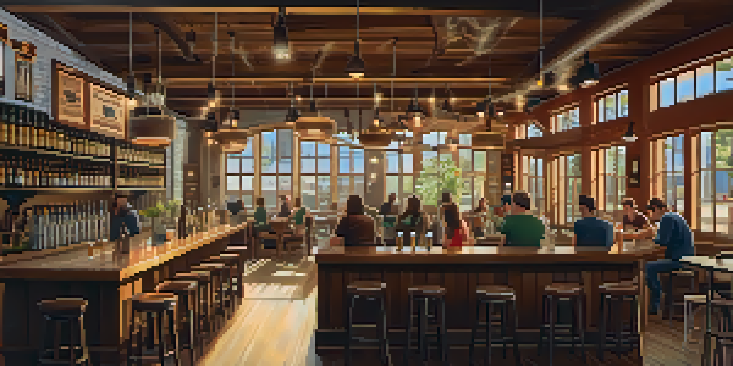 A cozy taproom of a craft brewery with patrons enjoying their drinks, rustic furniture, and warm sunlight streaming through large windows.