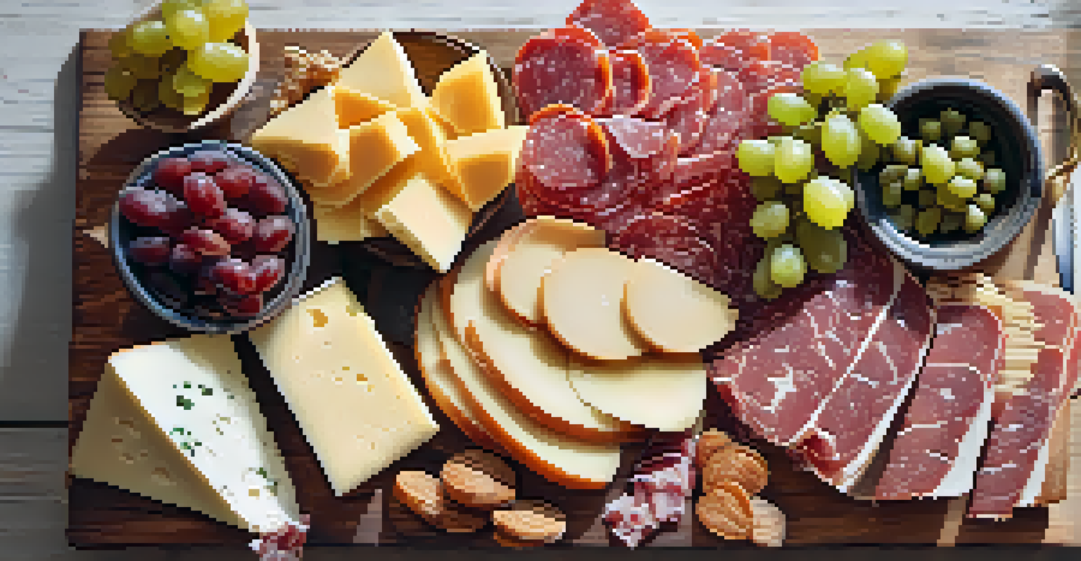 A close-up of a charcuterie board with cheeses, meats, fruits, and bread arranged on a wooden table.