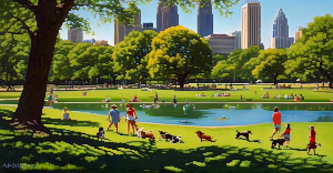 A lively park scene with dogs playing fetch, people picnicking, and the Austin skyline in the background.