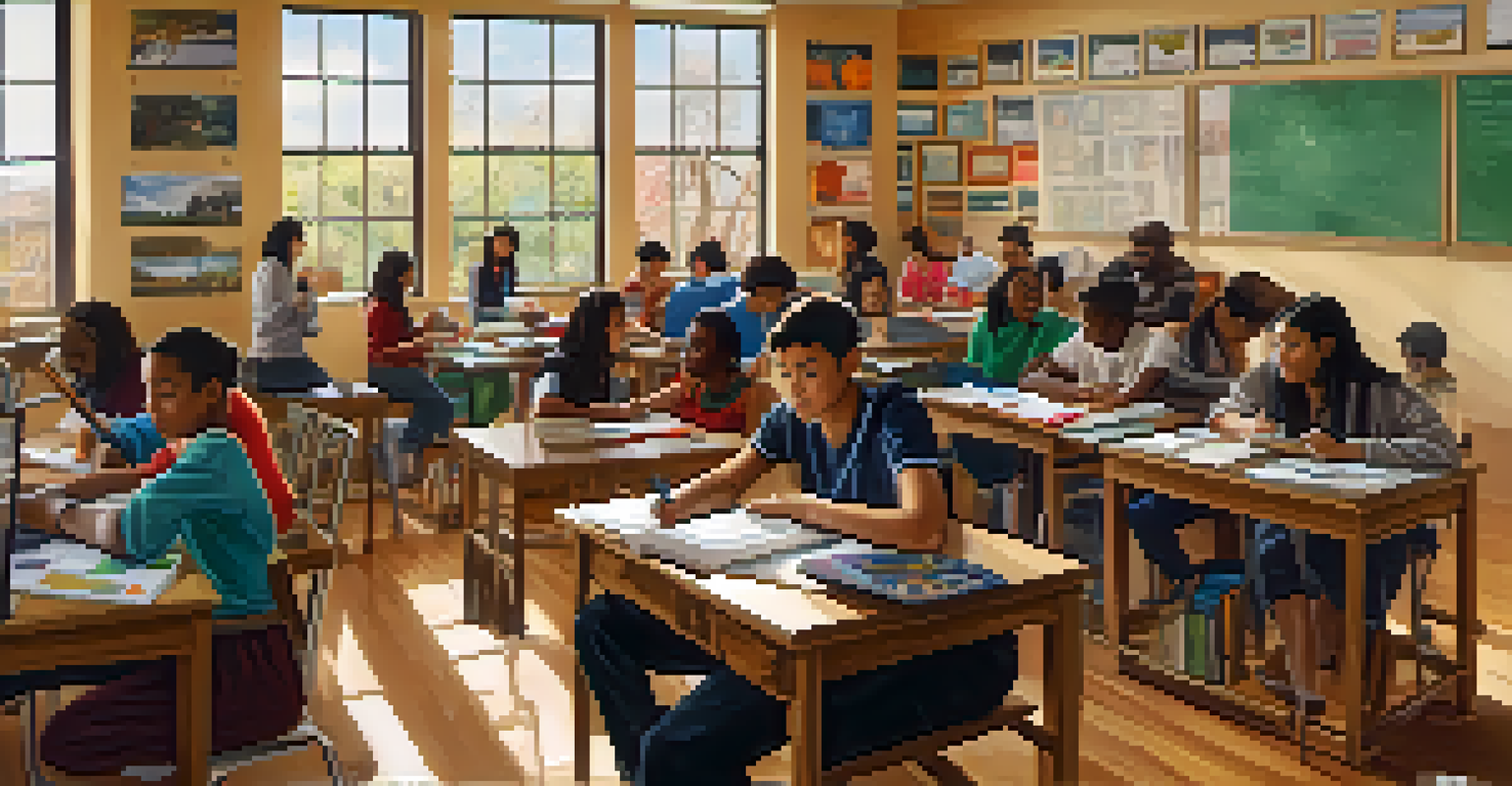 A diverse classroom with students working together on a project, surrounded by educational materials and soft natural light.