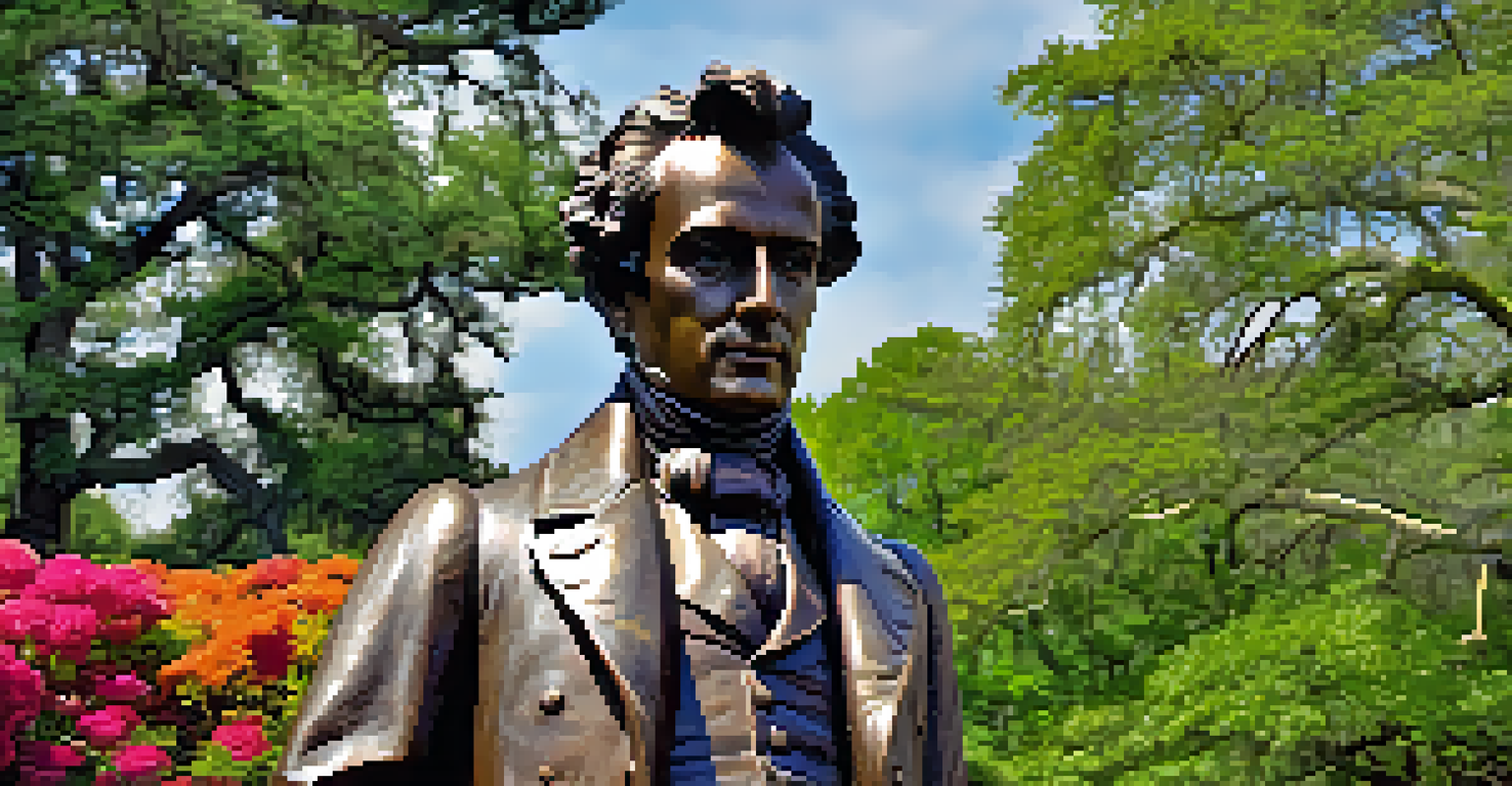 A detailed bronze statue of Stephen F. Austin in a park, surrounded by colorful flowers and trees.