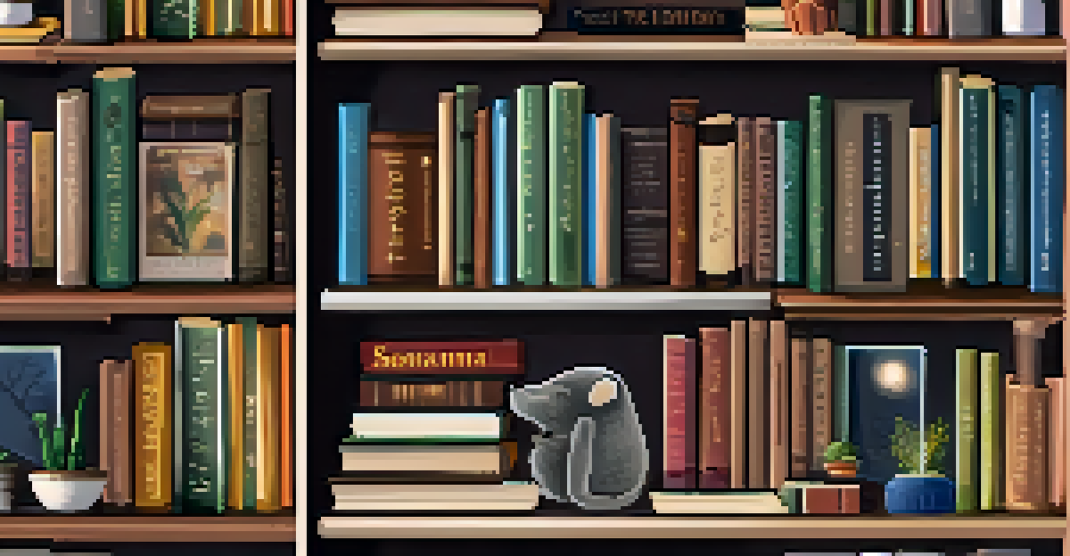 Close-up of a bookshelf filled with diverse literature and local authors' books, featuring decorative items and a reading chair.