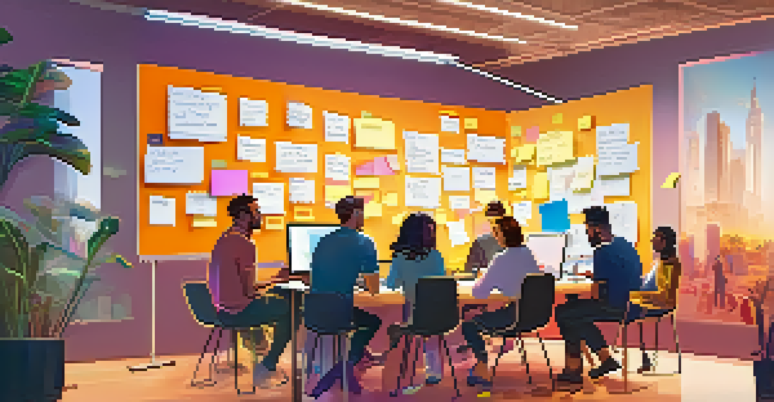 A dynamic brainstorming session at a hackathon, featuring participants collaborating around a whiteboard filled with sticky notes and laptops.