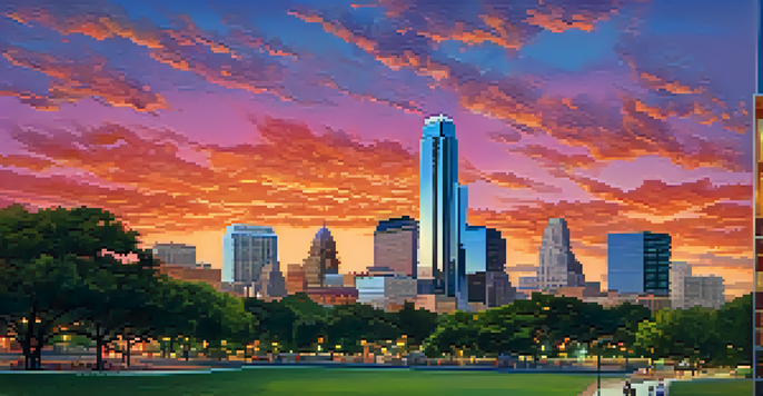 A sunset view of Austin's skyline featuring skyscrapers and historic buildings, with silhouettes of people in a park.