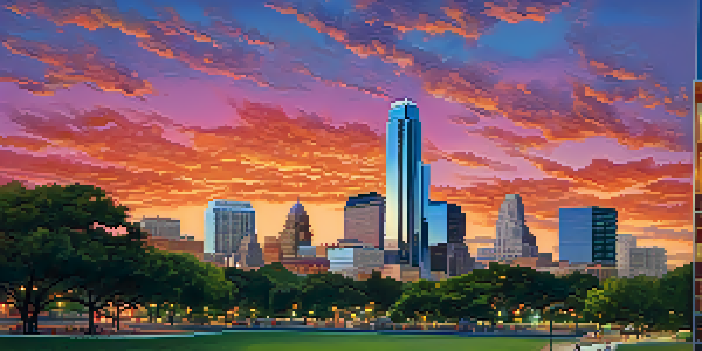 A sunset view of Austin's skyline featuring skyscrapers and historic buildings, with silhouettes of people in a park.