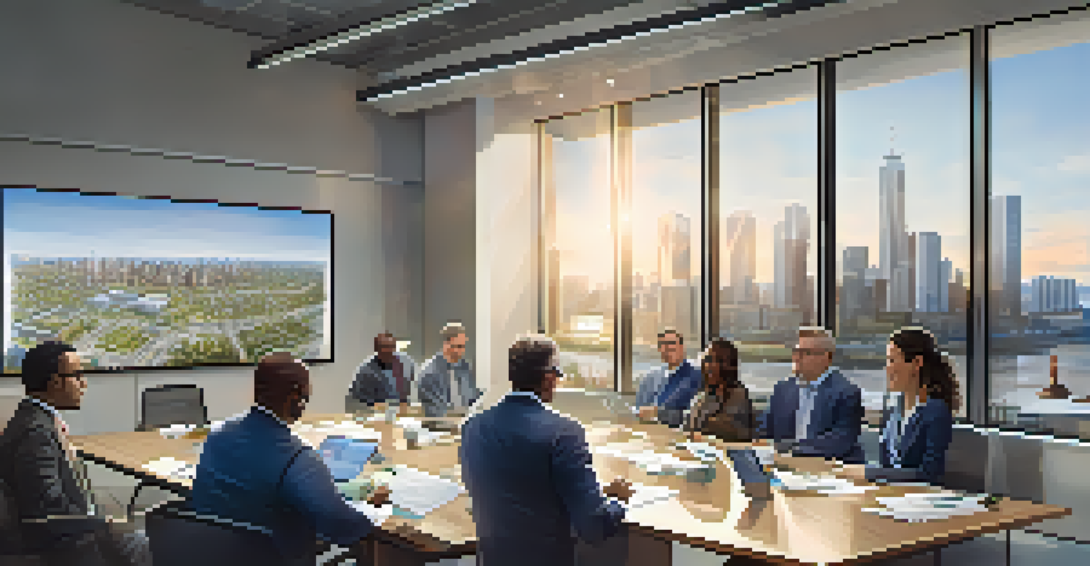 A diverse group of professionals collaborating in a meeting about affordable housing projects in a modern office.