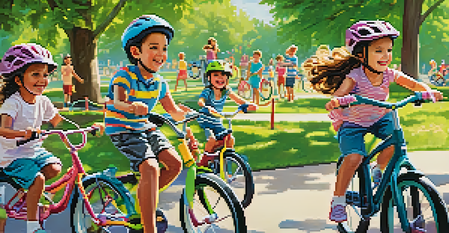 Families riding bikes together in a park during a community biking event, with decorations and cheerful expressions.