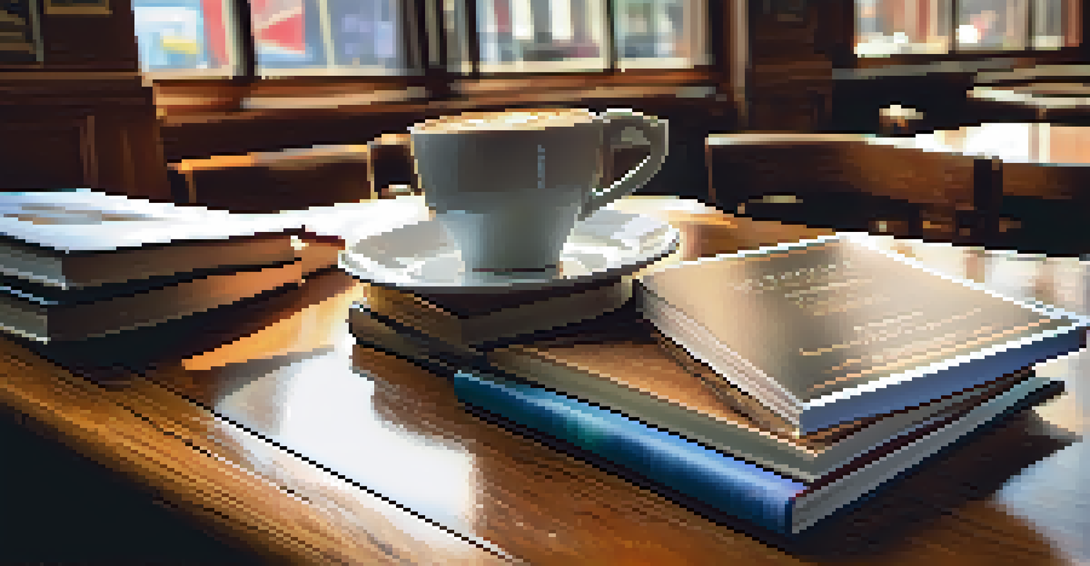 A close-up of a stack of colorful books with a cup of coffee on a wooden table in a cozy bookstore café.