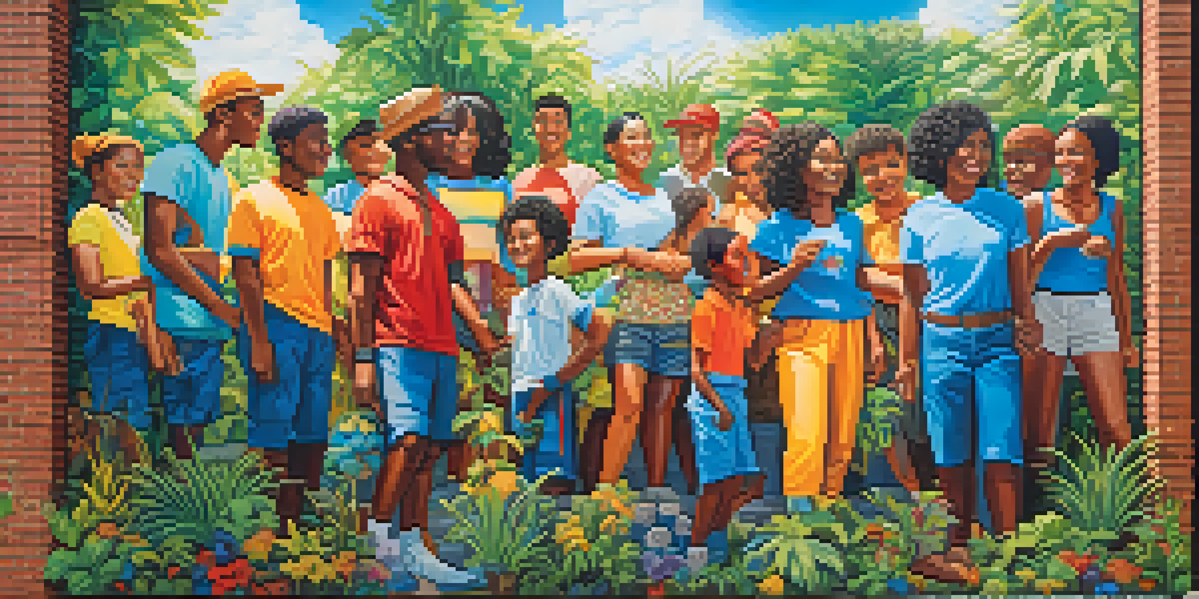 A colorful mural showing diverse individuals participating in community activities, surrounded by greenery, under warm sunlight.