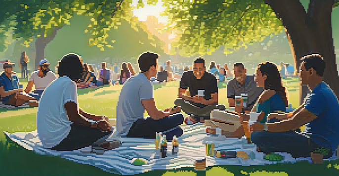 An outdoor tech meetup in a park in Austin, with people discussing while sitting on blankets, surrounded by greenery and a warm sunset.