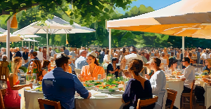 A festive atmosphere at the Austin Food + Wine Festival, showcasing gourmet dishes and chefs cooking while attendees enjoy the event.