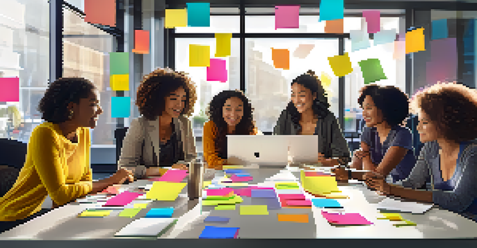 A diverse group of women collaborating in a bright tech office, filled with post-it notes and gadgets, showcasing teamwork and innovation.