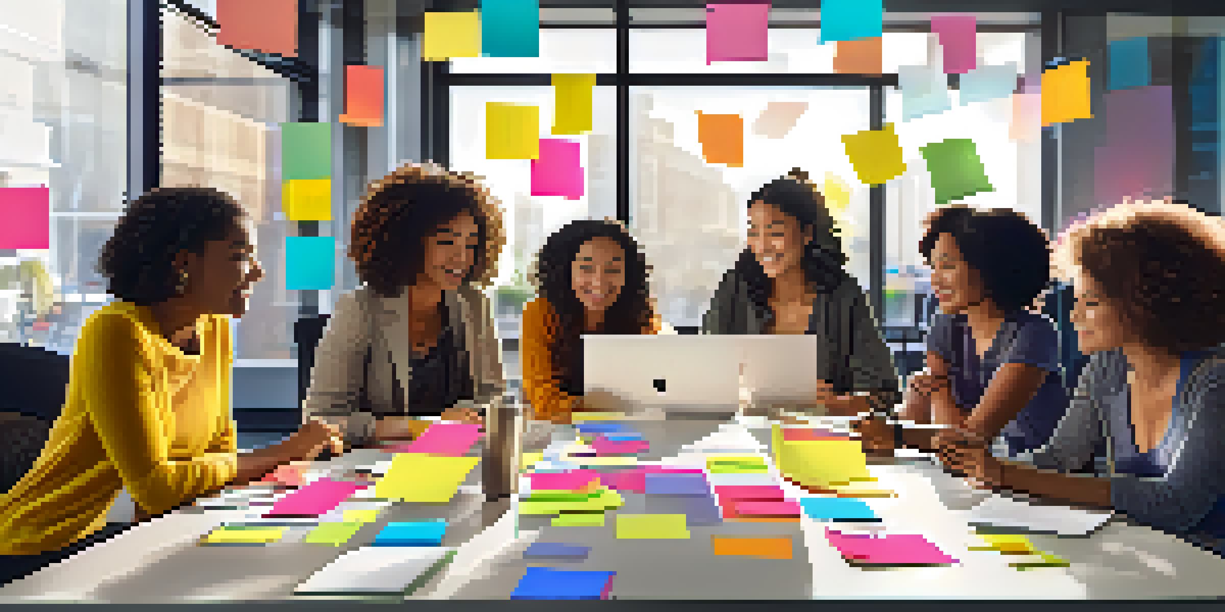 A diverse group of women collaborating in a bright tech office, filled with post-it notes and gadgets, showcasing teamwork and innovation.