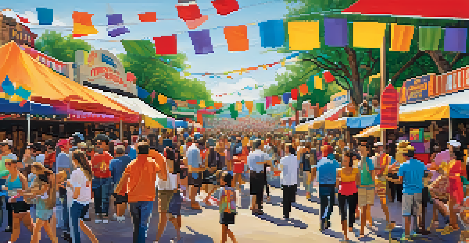 A vibrant collage of cultural events in Austin, depicting food festivals, music performances, and art exhibits with diverse people enjoying the festivities.