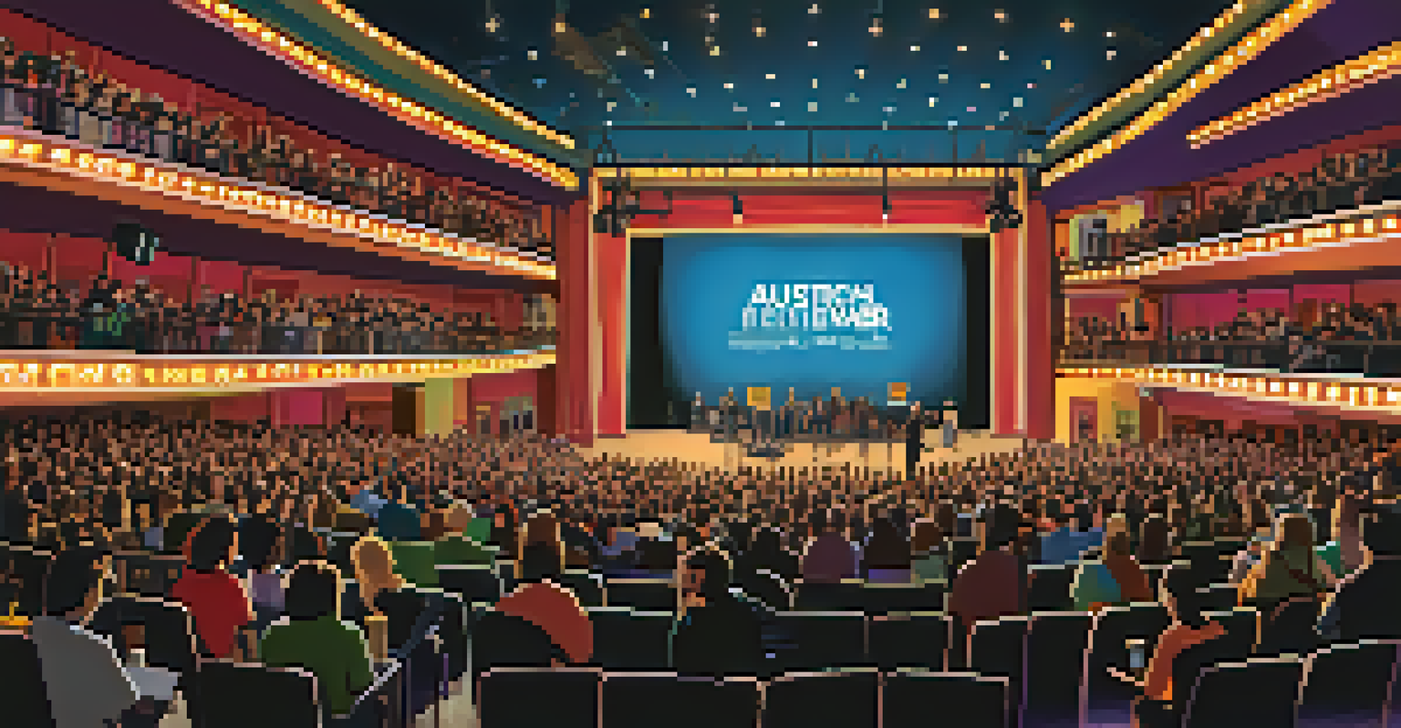 A film festival in Austin featuring filmmakers presenting their work to an engaged audience in a theater, with colorful banners and soft stage lighting.